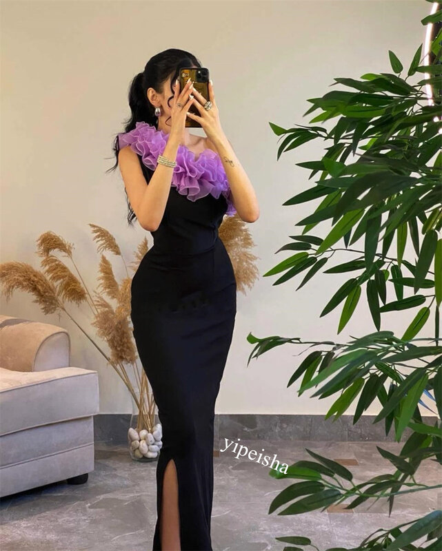 Gaun Prom malam Arab Saudi Jersey Ruffles koktail ketat pesta satu bahu Bespoke gaun acara Midi es