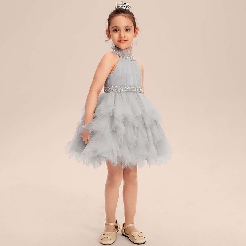 YZYmanualroom Тюль Цветочное платье для девочки бальное платье принцессы с высоким воротником длиной до колена