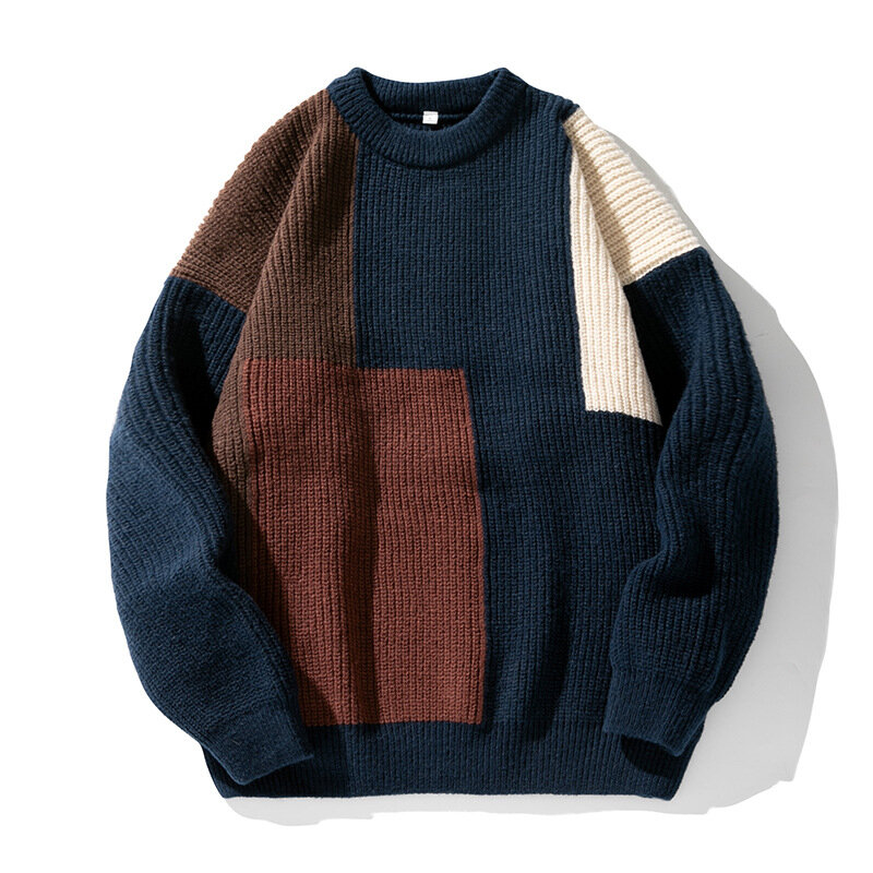 Korean Style Niche Design Color Block Splicing Knitted Sweater Men 2023 Autumn and Winter New O-Neck Loose Casual Mens Sweater