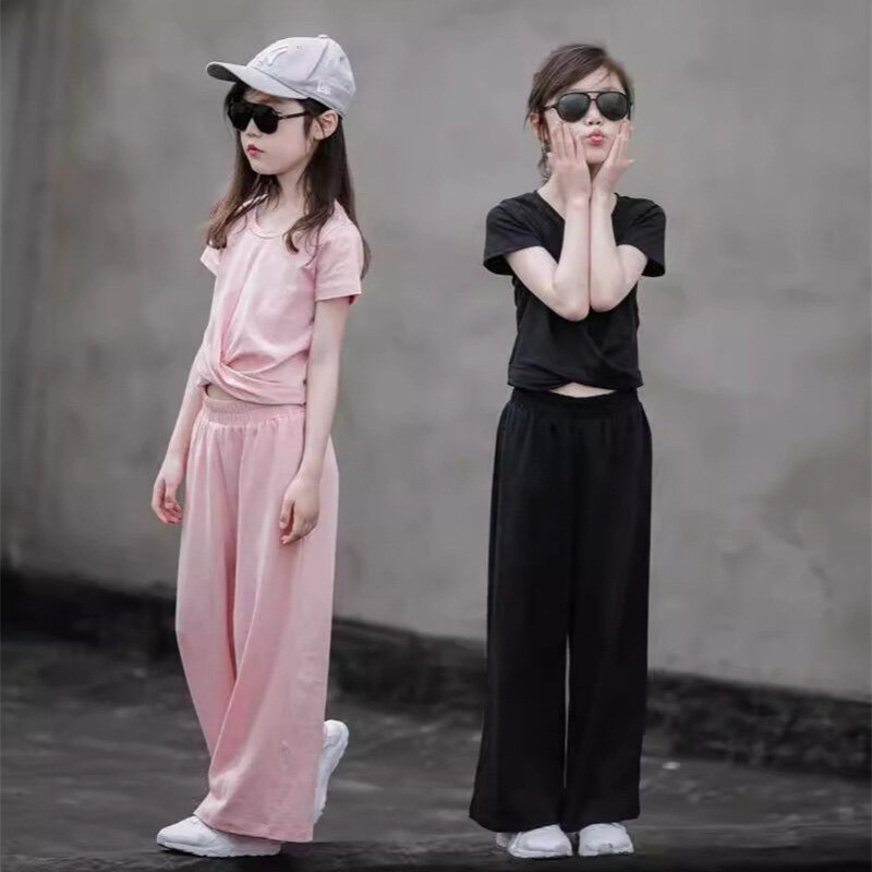 Sommer Mädchen setzt Kinder feste Farbe Mode Anzüge Kinder kurze Ärmel weites Bein Hosen 2 Stück Outfits 2024 neue Trends Kleidung