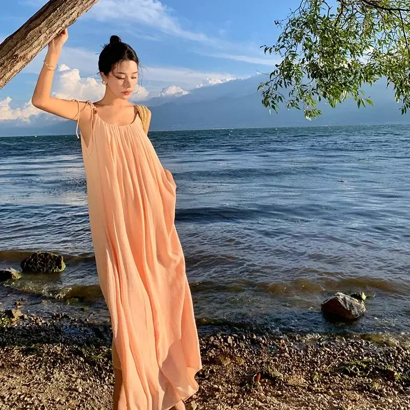 Hawaii rücken freie gewagte Frauen Kleid Grunge lange Sommer Riemchen lose Midi koreanische Urlaub Fee Mode einteilige Kleider