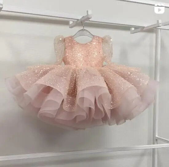 Gaun princess untuk bayi perempuan cantik gaun pertunjukan piano model pesta Satin Ruffle Puffy gaun penampilan piano anak perempuan umur 0-12 tahun