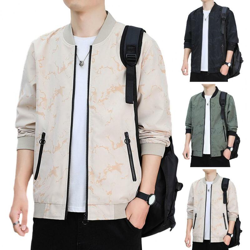Men Spring Fall Jacket Stand Collar Smooth Zipper Men Jacket Pockets Loose Casual Camouflage Print Men Mid Length Coat