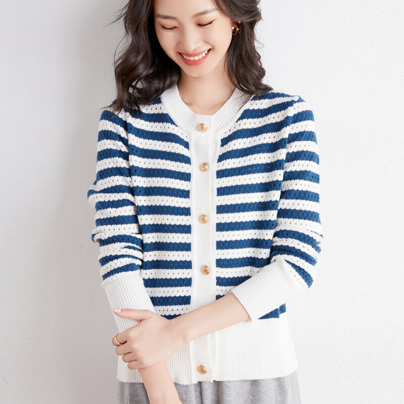 Spring Autumn Basic Striped Knitted Cardigan Women's All-Match Loose Solid Color Long-Sleeved Round Neck Short Top Inner Sweater