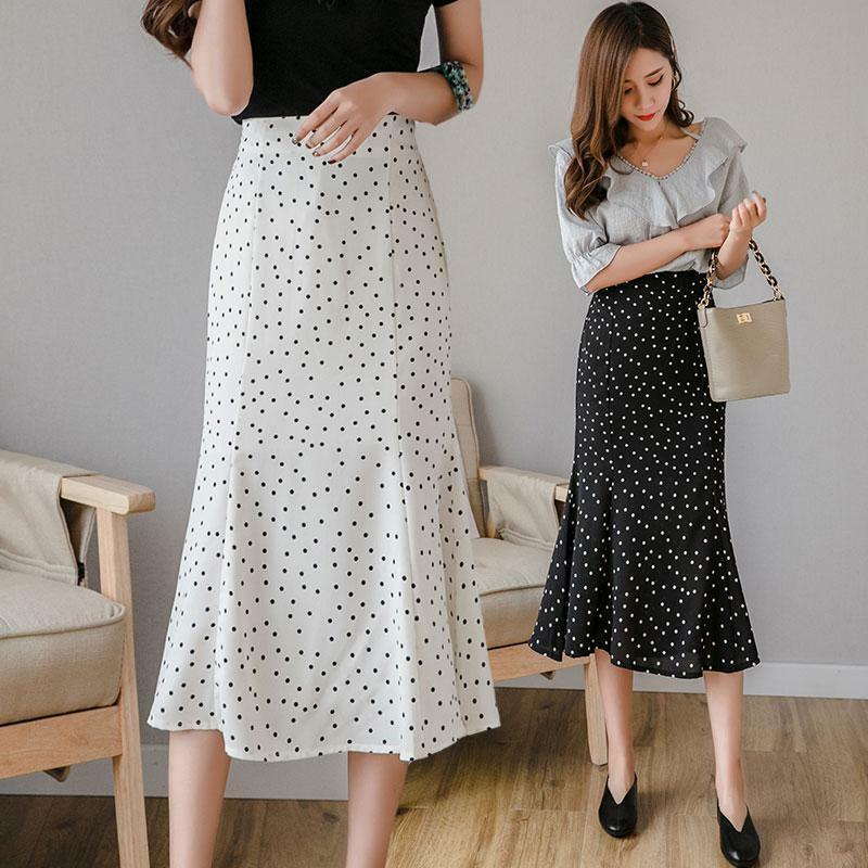 Falda larga de verano para mujer, falda negra con lunares blancos y negros, estilo Preppy, diseño coreano, cintura alta, 2023