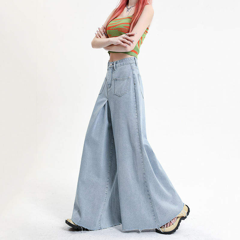 Jeans a gamba larga blu chiaro per pantaloni a gamba dritta con Design alla moda in stile Hong Kong a vita alta estate 2024 da donna