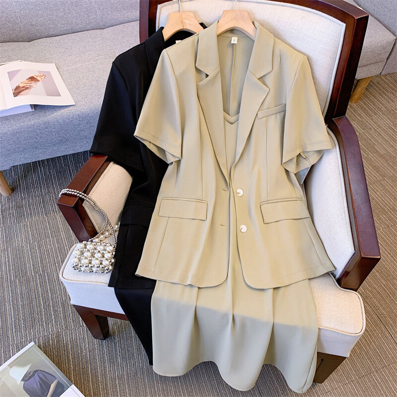 Solid Color Oversized Suit Set 2023 Summer New Women's Blazer Jacket Sling Dress Temperament Loose Fashion Simple Commuter Sets