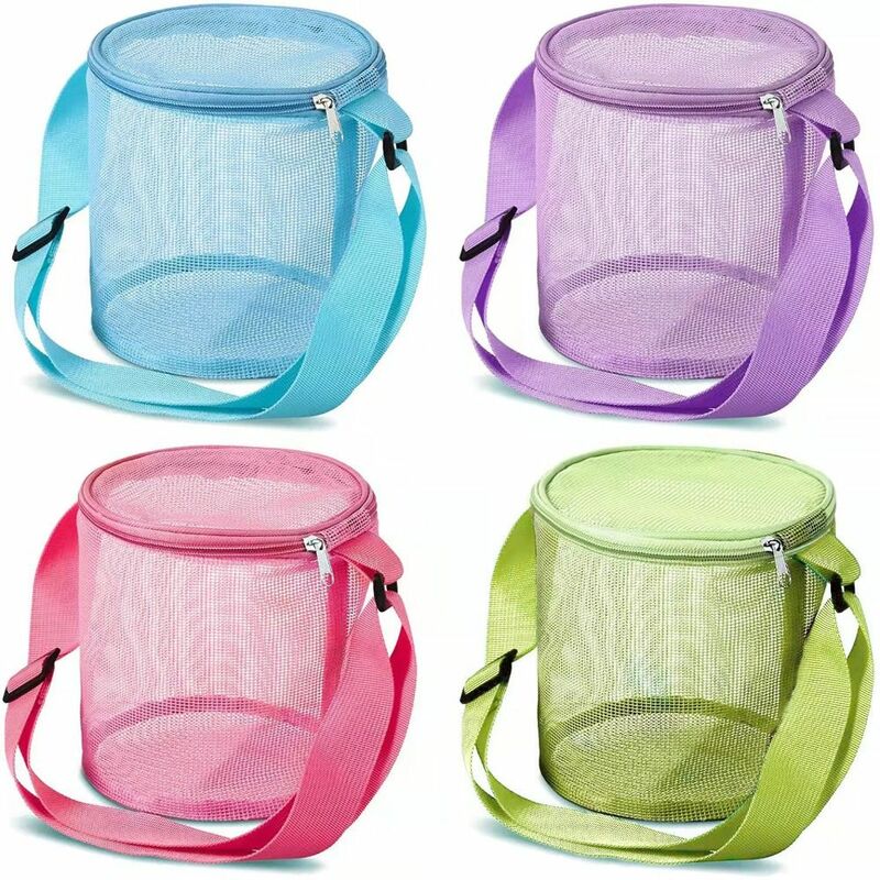 Tas pantai jala untuk anak-anak, mainan Organizer jaring ritsleting tali bahu dapat disesuaikan kantong penyimpanan cangkang anak-anak ember bulat