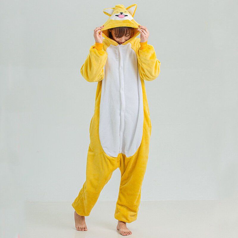 Pijama de franela con capucha de Shiba Inu, ropa de dormir de una pieza con botón de dibujos animados, color amarillo brillante, ropa de ocio cómoda para pareja