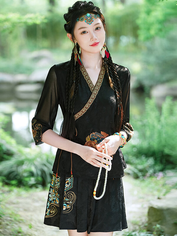 Pakaian wanita Tiongkok, musim panas baru pakaian wanita Tiongkok, setelan Han atasan nasional bordir