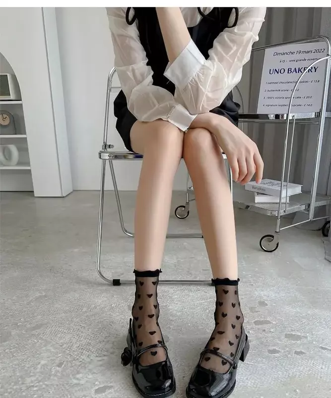 Frauen sexy gekräuselte Liebe Herz Muster dünne lange Socken jk Uniform Lolita süße Glasfaser transparent ins Stil schwarze Spitze Socken