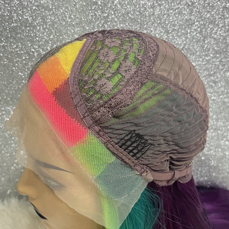 Pół czarny połowa kolor tęczy 28 Cal bezklejowe 13x3,5 syntetyczna koronka przednie przedstrugane Drag Queen Cosplay peruki z dziecięcymi włosami