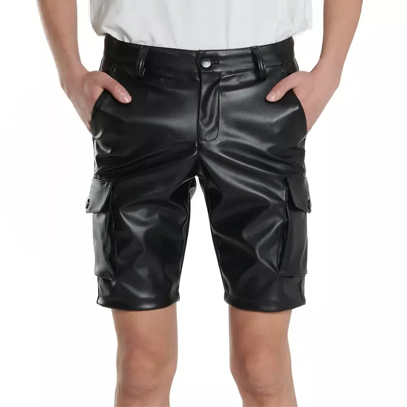 Men's Faux Leather Motorcycle Biker Shorts Stretch PU Cargo Pants with Pocket Casual Fit Straight Hot Pants Clubwear Custom New