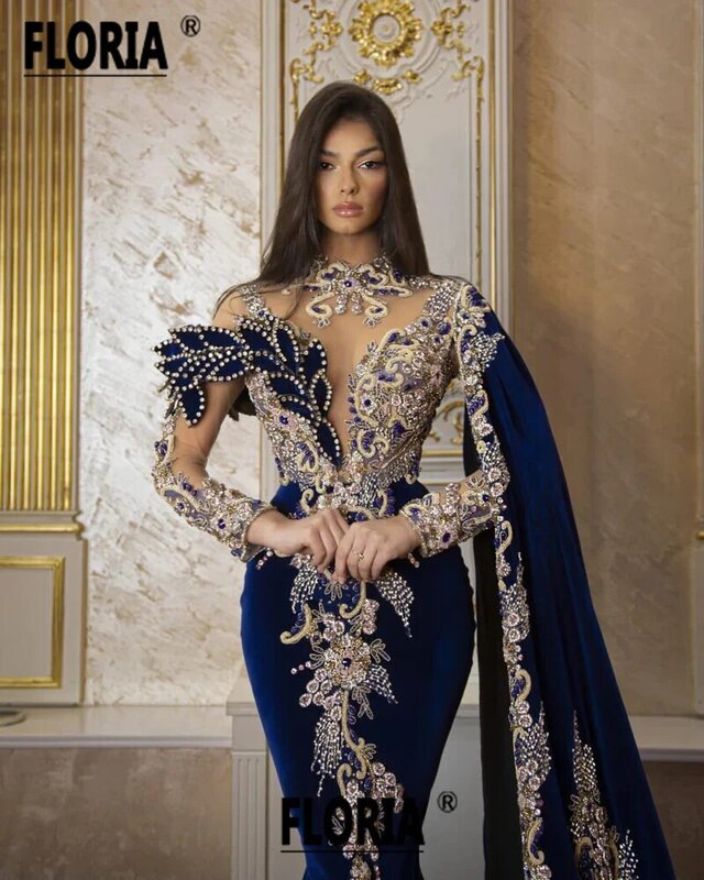 Luxus Kristall Perlen Samt formelle Abendkleider Königsblau Couture Long Cape Dubai Applikationen Party Ballkleid Vestidos Gala