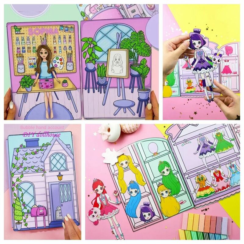 Tidak ada potongan kertas rumah boneka gadis bermain berulang kali DIY mainan DIY lucu buku putri buku pegangan Manual stiker kertas boneka buku sunyi