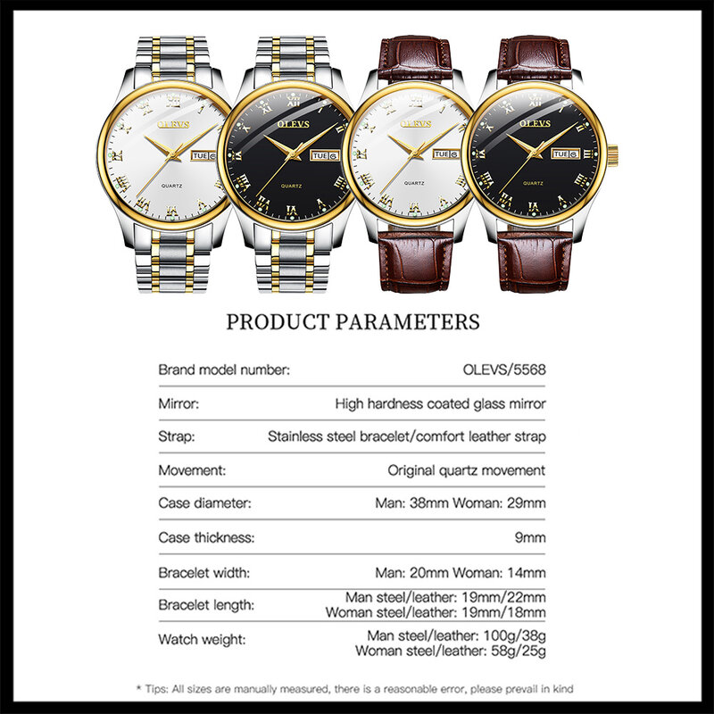 OLEVS 남성용 오리지널 쿼츠 시계, 럭셔리 스테인레스 스틸, 방수 야광 가죽 스트랩, 날짜 주 손목시계