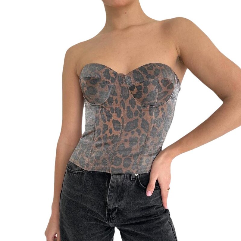 Sujetador Sexy de primavera/verano para niña, sujetador con diseño de leopardo, sensación de cintura estrecha, ajuste adelgazante de clavícula, cubierta