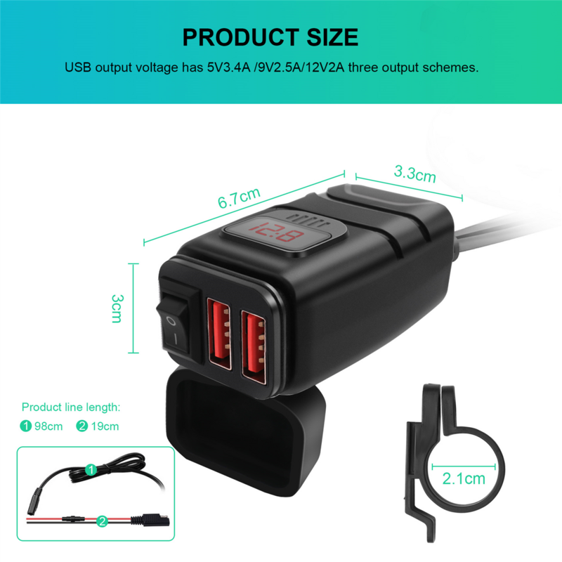 Cargador USB Dual para manillar de motocicleta, adaptador de cargador rápido 3,0 con voltímetro, impermeable, 12V