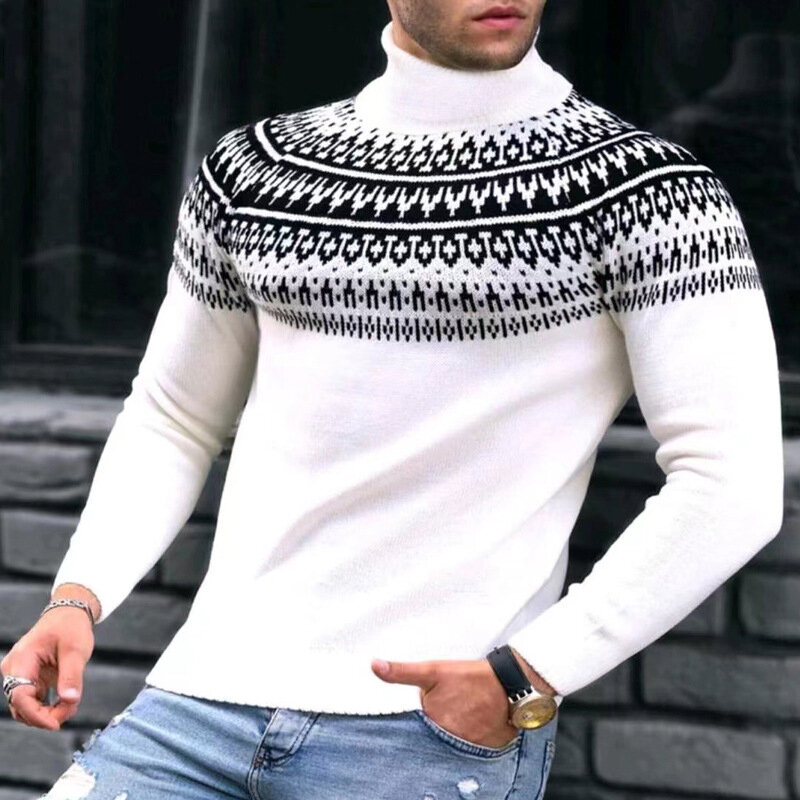 Slim Fit Rollkragen Pullover Männer Herbst Winter Vintage Muster Gedruckt Langarm Stricken Jumper Tops Für Herren Mode Pullover