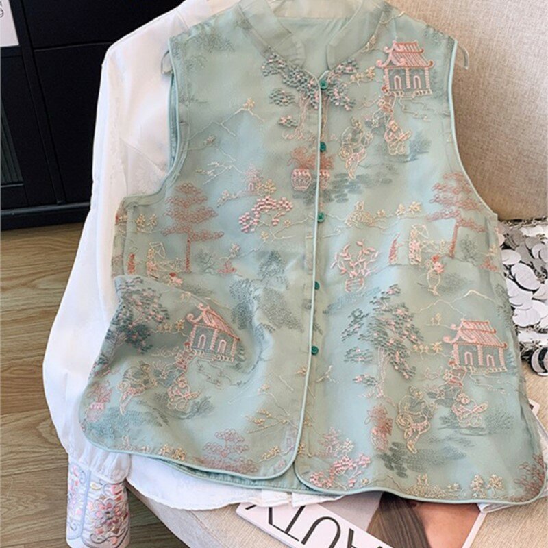 Heavy Industry Organza Embroidery Vest Suit Women's New Chinese Style Waistcoat Shirt Bandage Dress Two-Piece Set
