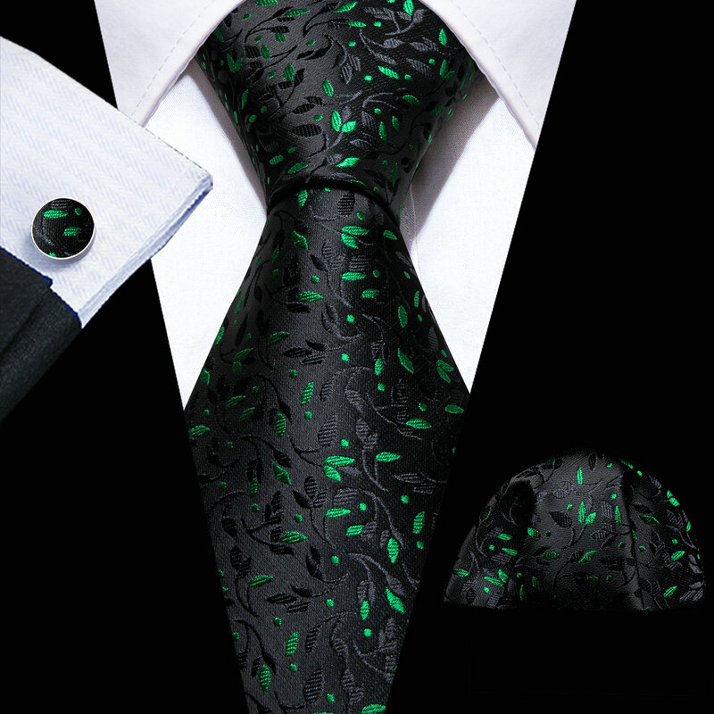 Conjunto de corbatas de seda de lujo para hombre, corbata de cuello Floral, conjunto de gemelos y pañuelo, hojas verdes y negras, envío gratis, 5938