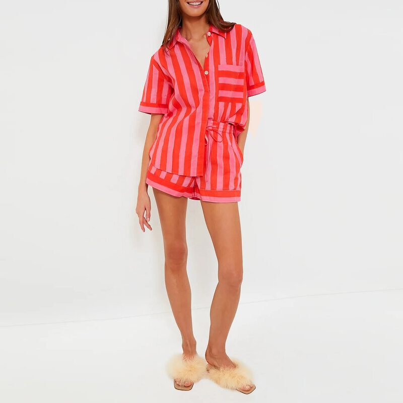 Женский пижамный комплект из 2 предметов, костюмы для отдыха, свободные топы в полоску с коротким рукавом и шорты, одежда для сна