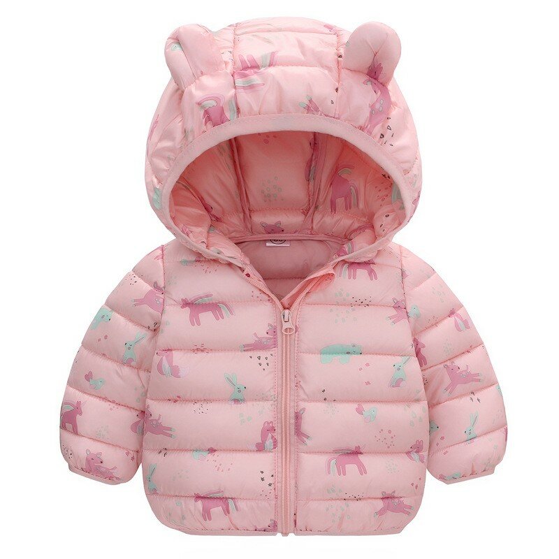 New Autumn Winter Unicorn Girls Jacket 2 Color Full Print Rabbit Bear Sika Deer Hooded Keep Warm Coat For Girl