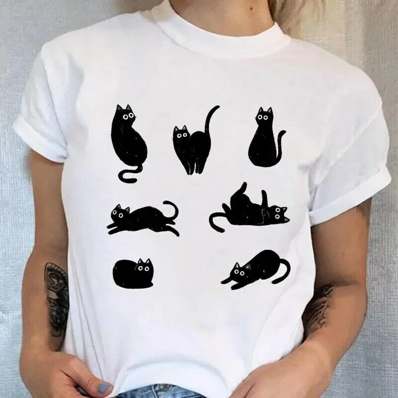 T-shirt à manches courtes avec imprimé de dessin animé pour femme, haut à col rond pour femme, style humoristique, chat des années 90, plante à la mode