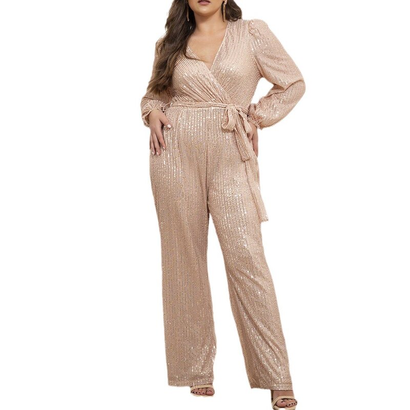 Women Plus Size Jumpsuits Fall New Sexy Temperament Ladies Party Jumpsuit Pants Sequins V-neck Long-sleeved Straight Jumpsuit