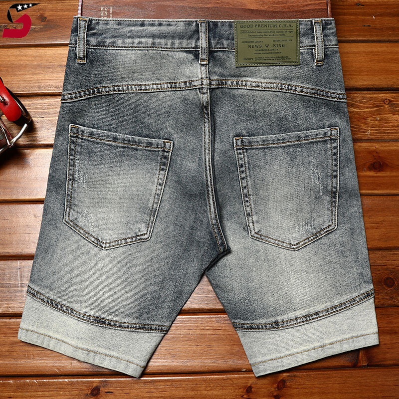 High-End Locomotive Denim Shorts for Men2024Summer Fashion Personality Stitching Design Casual Stretch Retro Cropped Pants