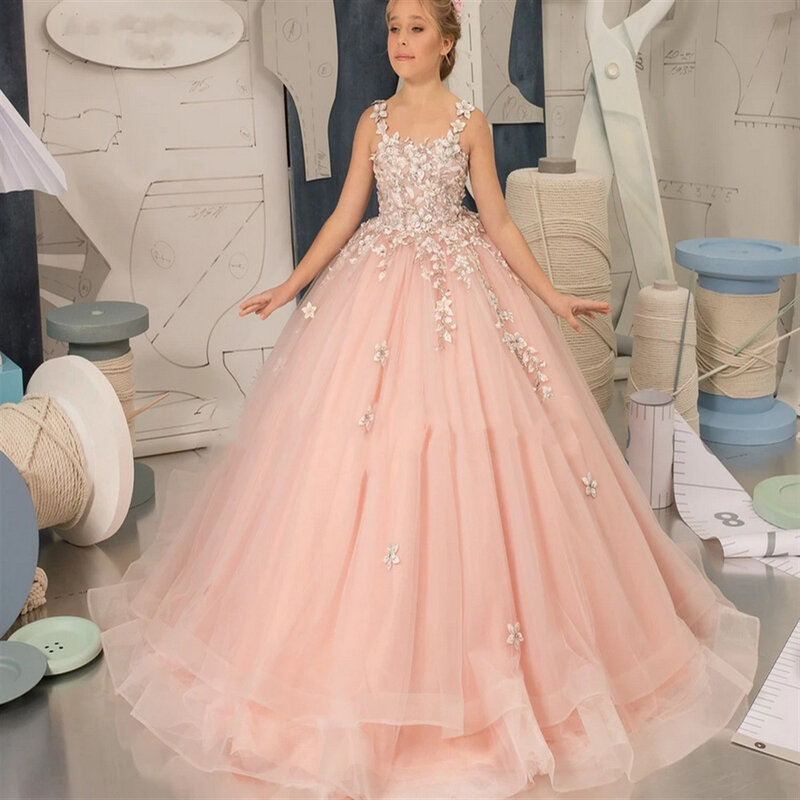 Розовые тюлевые платья с цветами для девочек на свадьбу, элегантные Детские вечерние платья принцессы на день рождения, для первого причастия, торжества, бальных нарядов