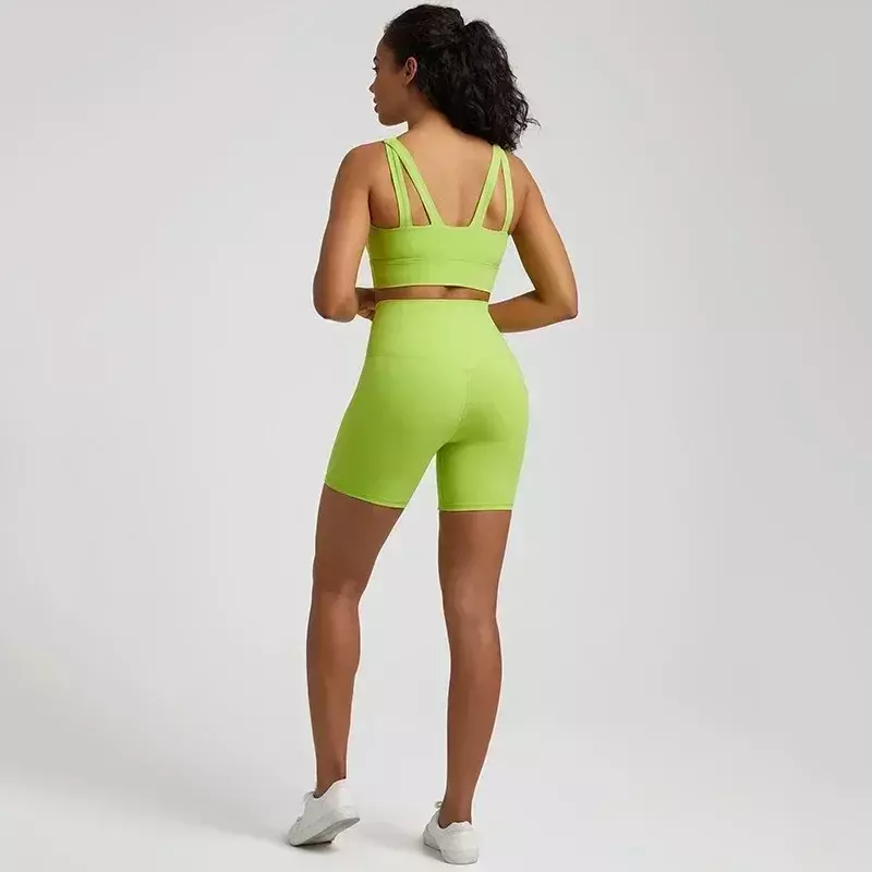 Lemon Round Neck Gym Yoga Set umfassendes Training Frauen Sporta nzug hohe Taille kurze Legging und Cross Fitness BH 2 stücke