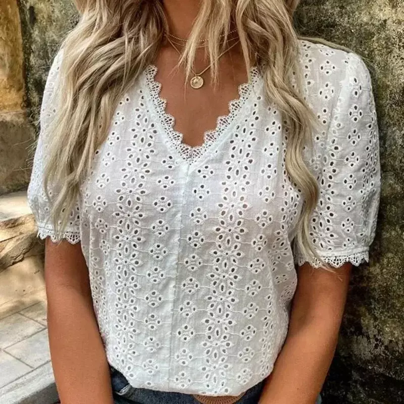 Casual Hollow V-neck Lace Shirts for Women Spring Summer Puff Sleeve Top Vintage Elegant White Blouse Fashion Solid Shirt 21385