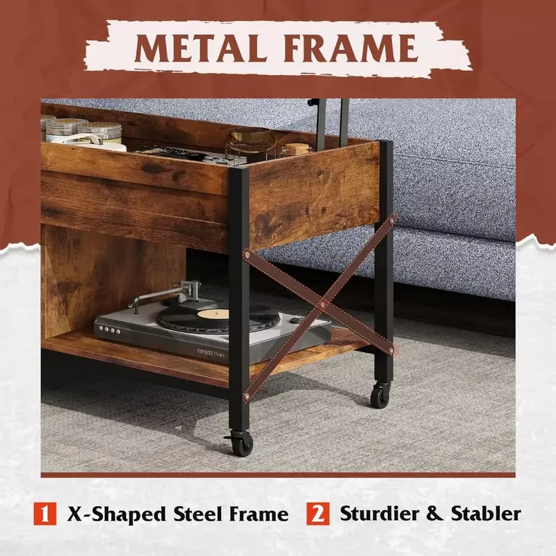 Living room table Coffee table with hidden compartment and metal frame center table with 4 casters Free shipping