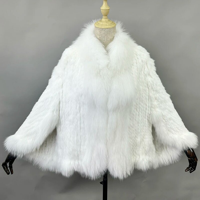 Jaket mantel bulu kelinci rajut asli musim dingin untuk wanita, jaket mantel jubah pengantin pasmina kerah bulu rubah, syal bulu rajut asli musim gugur dan musim dingin untuk wanita