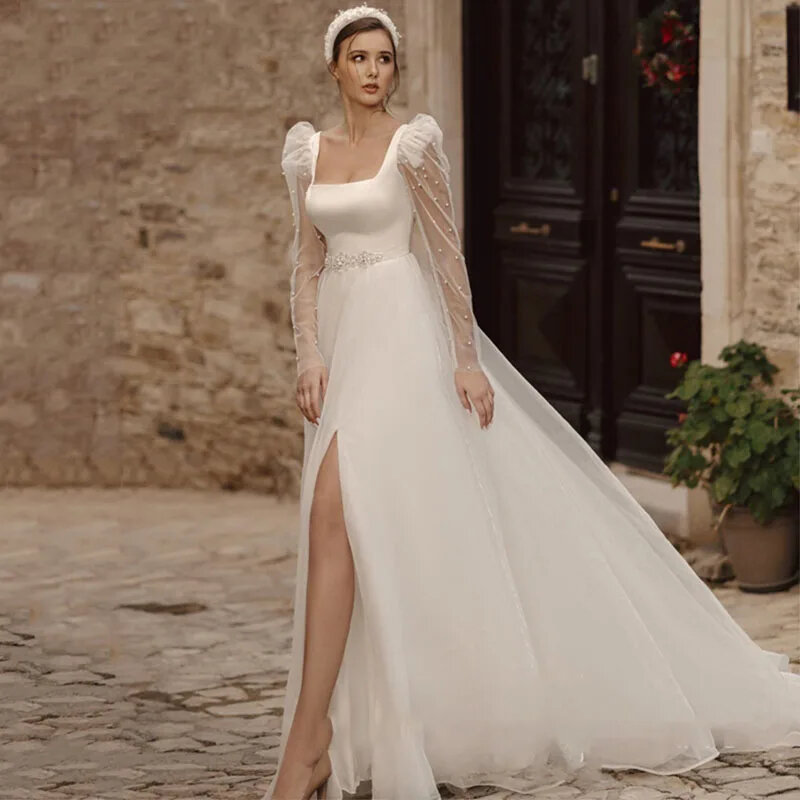 Элегантное и простое атласное кружевное платье А-силуэта с квадратным вырезом, длинным рукавом, жемчужинами и открытой спиной, сексуальное свадебное платье невесты с разрезом сбоку на заказ