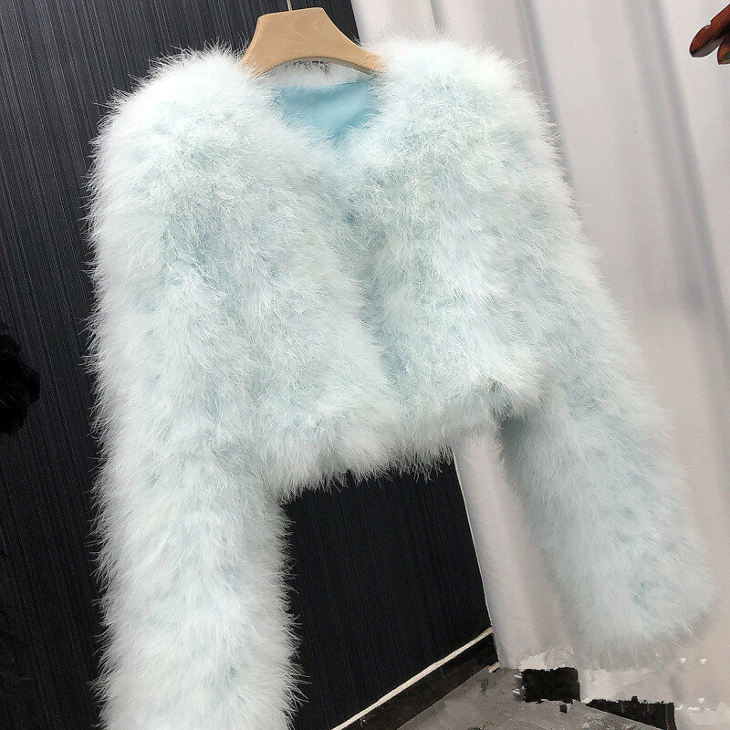 Long Sleeve Women Winter Real Ostrich Feather Jacket Fluffy Warm Party Evening Coat