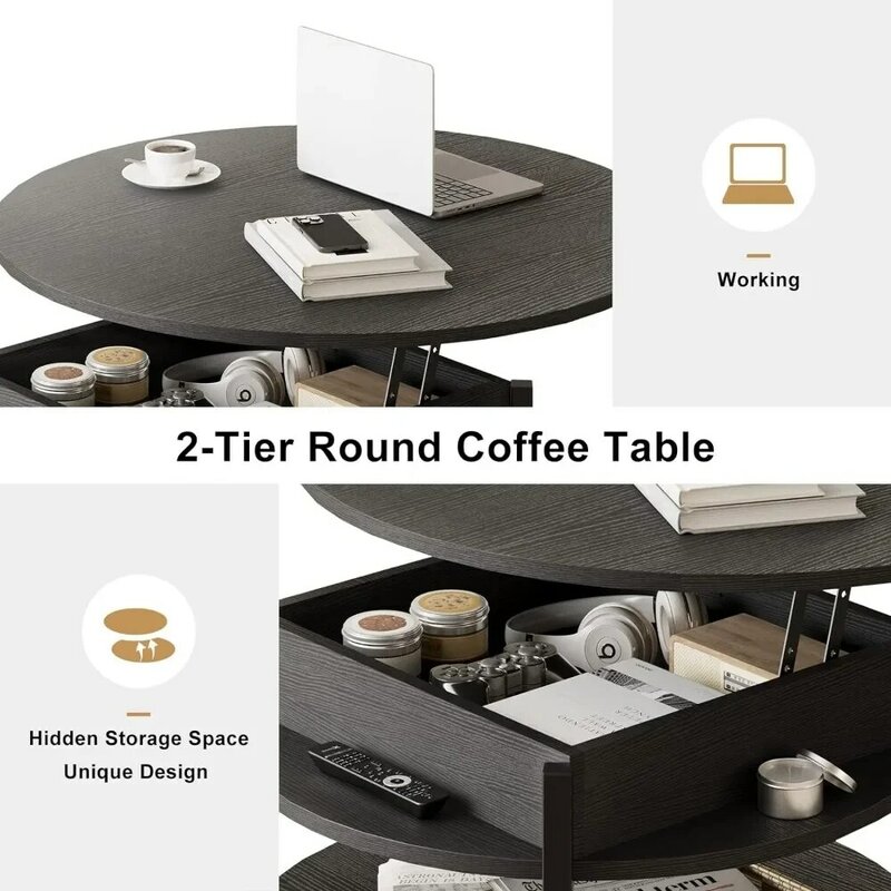 거실 응접실용 대형 원형 커피 테이블, 농가 커피 테이블, 원형 식탁, 검정색 가구, 35.43 인치, 2 단