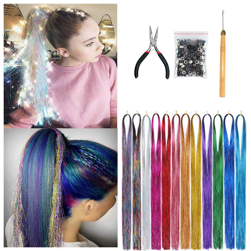 XINRAN 1Pc Sparkle Shiny Hair Tinsel Hair Extensions Dazzles Women Hippie per intrecciare il copricapo strumenti per intrecciare i capelli lunghi 100cm