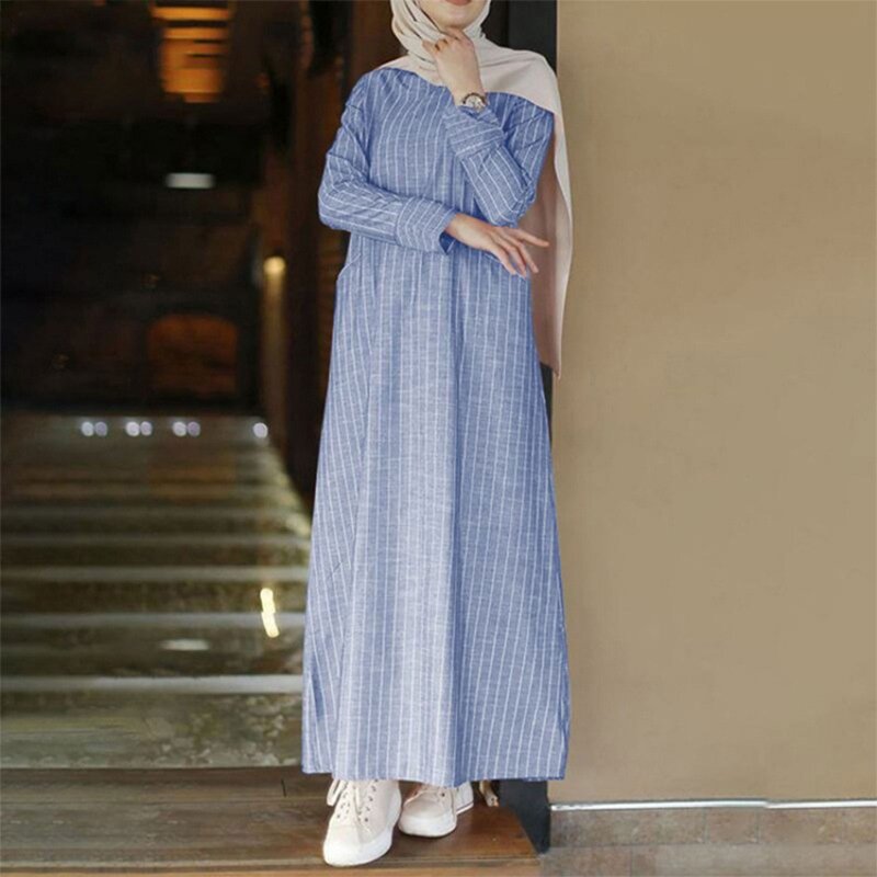 Women Muslim 65% Cotton, 35% Polyester A-Line Dress Long Sleeve Striped Abaya Ka