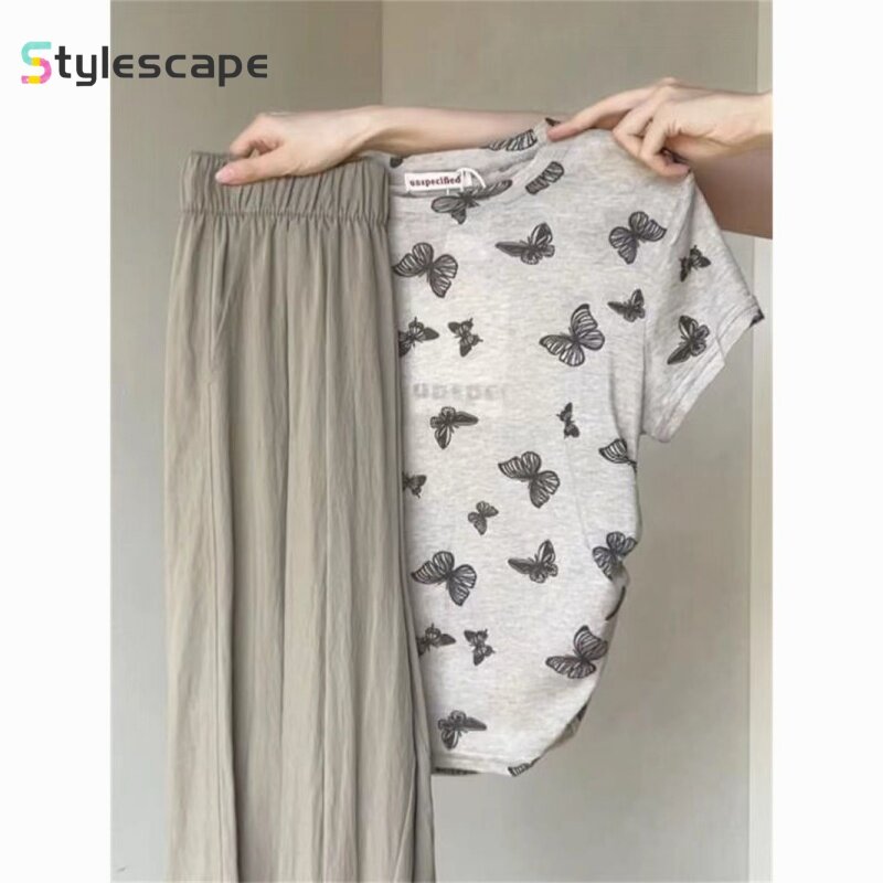 Pure Desire Style Bow Printed Short Sleeved T-shirt for Women's Summer Niche Short Top Loose Wide Leg Pants Two-piece Set