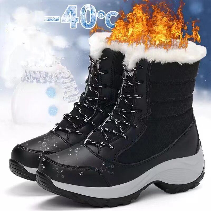 Bottines de neige imperméables à semelle plate pour femme, chaussures d'hiver à talons épais en fourrure, garde au chaud, 2022