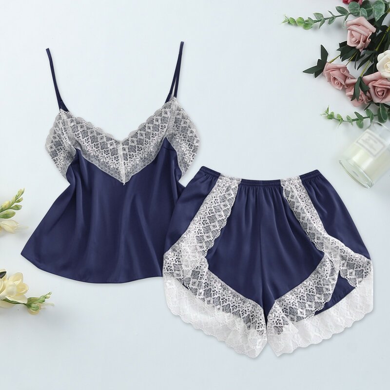 Pajamas Set For Women Lace Spaghetti Strap Top and Shorts Sets Silk Sleepwear Satin Pajama Suit Night Wear Summer 2024