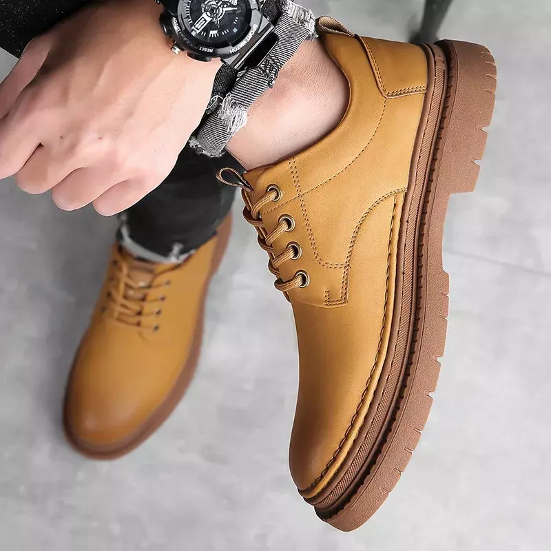 낮은 도움 영국 스타일 남성용 플랫폼 작업 신발, 통기성 두꺼운 밑창 단색 가죽 신발, 용수철 가을