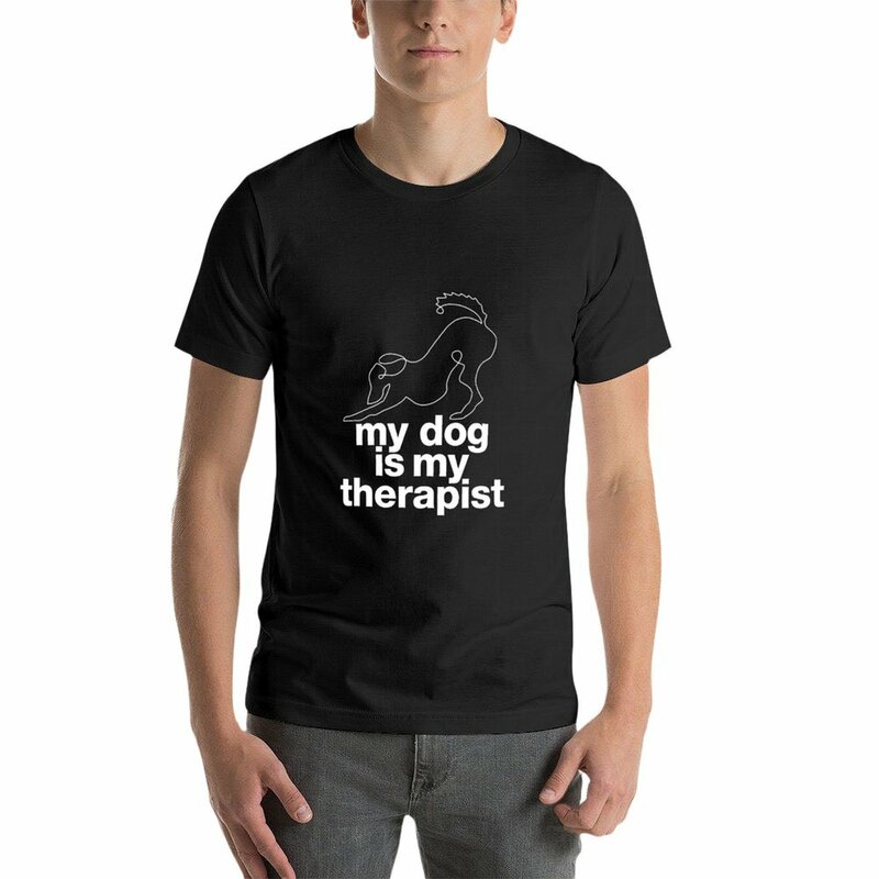 Mój pies jest moim terapeutycznym z konturą konturu psa T-shirt ciężki, ponadgabarytowe, zwykłe męskie bawełniane koszulki