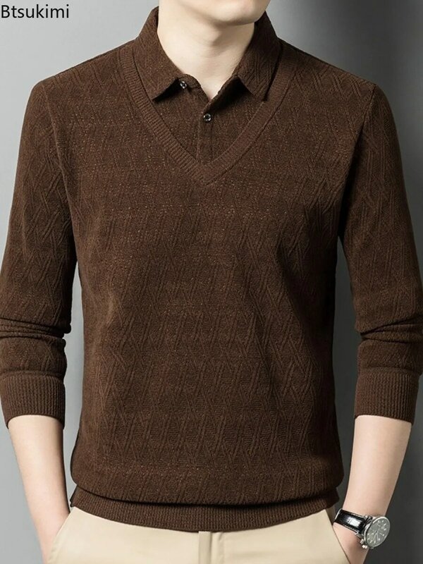 メンズニットポロシャツ,カジュアルで快適で暖かいトップス,偽のセーター,2ピース,秋冬