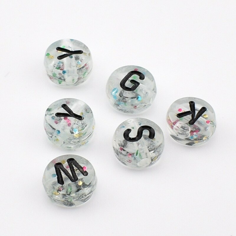 50 buah/Lot 7*4*1mm DIY manik-manik huruf akrilik bulat transparan latar belakang manik-manik huruf hitam untuk membuat perhiasan