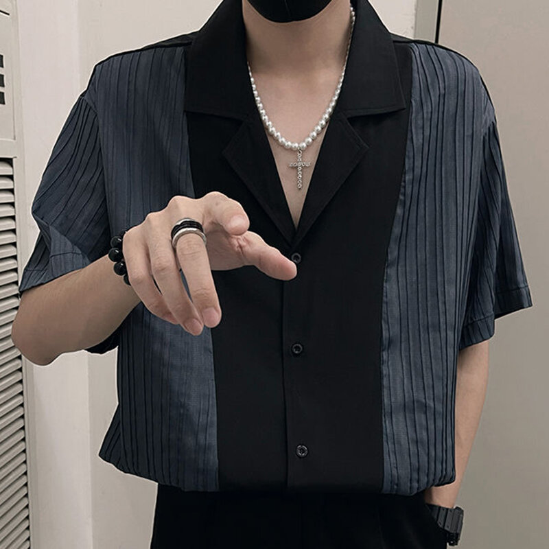Camisas coreanas sueltas empalmadas con botones y solapa para hombre, ropa informal de manga corta que combina con todo, verano, 2024