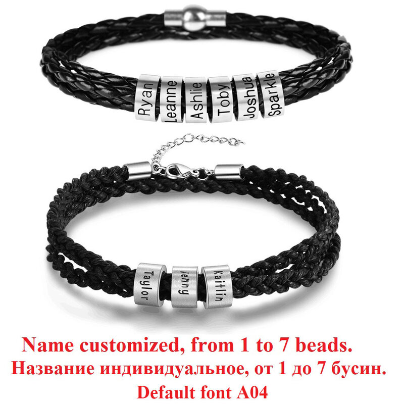 LIKGREAT-pulsera de cuero personalizada con letras y nombre para hombre y mujer, brazalete de cuerda trenzada con cuentas de acero inoxidable, personalizado