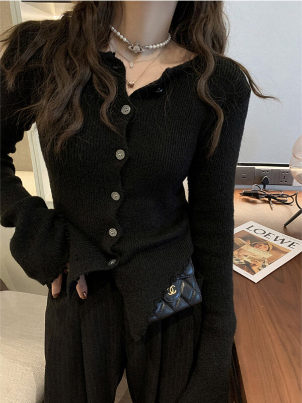 Deeptown 여성용 단색 니트 가디건, 우아한 슬림 크롭 스웨터, 빈티지 긴팔 니트웨어 상의, 한국 패션